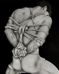 ass back_muscles black_and_white bondage bound brad_welch_art butt graphite_(artwork) male male_only muscles muscular muscular_male pencil_(artwork) ropes sitting tied_up uncolored