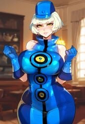 ai_generated atlus big_ass big_breasts blue_uniform curvaceous curvy curvy_body curvy_female curvy_figure elizabeth_(persona) floox looking_at_viewer persona persona_3 short_hair tagme thiccwithaq_(ai_style) thick_thighs white_hair wide_hips yellow_eyes