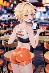 1boy aether_(genshin_impact) ai_generated femboy femboy_hooters genshin_impact hooters male male_only rcos solo solo_focus solo_male twink waiter yaoi