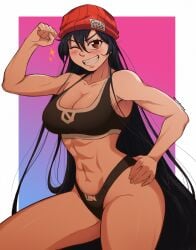 1girls abs beanie black_hair breasts cleavage female female_only flexing flexing_bicep fuuko_izumo hand_on_hip hat kristallion long_hair muscular muscular_female panties smile solo sports_bra thick_thighs toned toned_female undead_unluck wide_hips wink winking_at_viewer