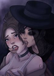 blush breasts choker first_porn_of_character fully_clothed hat hunt:_showdown licking lulu_(hunt:_showdown) partially_clothed sofia_(hunt:_showdown) western yuri