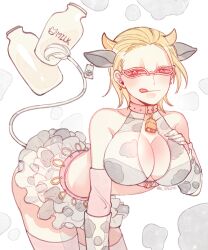 arm_warmers bent_over big_breasts blonde_hair canon_genderswap cleavage cleavage_cutout collar cow_ears cow_girl cow_horns cow_print cow_print_armwear cowbell donquixote_doflamingo ear_tag female female_only frilled_skirt genderswap_(mtf) hair_slicked_back leaning_forward milk_bottle one_piece pale-skinned_female pale_skin pink_legwear pink_thighhighs red-tinted_eyewear rule_63 short_hair smile solo sunglasses thighhighs tinted_eyewear tongue_out up_sanme