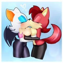 2girls bat breast_grab breast_press breasts closed_eyes female female/female fiona_fox fox gloves interspecies kissing lluanhyperzero rouge_the_bat sonic_(series) tagme tail wings yuri