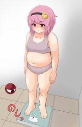 bbw belly_overhang big_belly big_female blush chubby chubby_female embarrassed fat fat_female fat_fetish fat_girl fat_woman fatty large_female overweight overweight_female pink_hair plump pork_chop satori_komeiji thick_thighs touhou tubby weight_conscious weight_gain weight_scale