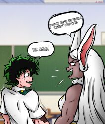 1boy 1girls 2024 absurd_res boku_no_hero_academia bunny_ears bunny_girl classroom dark-skinned_female deku dialogue female implied_sex izuku_midoriya male miruko my_hero_academia older_female rumi_usagiyama white_hair zirot