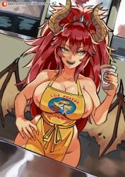 apron apron_only areola_slip areolae breaking_bad breasts cleavage dragon dragon_girl dragon_horns dragon_wings fangs female glass hand_on_own_hip highres horns iced_latte_with_breast_milk large_breasts long_hair meme nails nipples no_bra no_panties open_mouth original red_hair ribosoma_42 smile spanish_text virtual_youtuber vshojo vtuber wings yellow_eyes zentreya