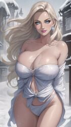 ai_generated babeshaven blonde_hair blue_eyes breasts busty cleavage curvy curvy_figure earrings emma_frost female female_only hourglass_figure large_breasts marvel marvel_comics snow watermark white_queen x-men