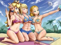 2023 3girls abs beach big_breasts bikini blonde_hair blue_bikini breasts crossover female female_only feuerz fully_clothed large_breasts long_hair majora's_mask mario_(series) metroid metroid_(creature) multiple_girls muscular muscular_female nintendo outdoors peace_sign pink_bikini princess_peach princess_zelda samus_aran self_upload selfie sky smile swimsuit tears_of_the_kingdom the_legend_of_zelda the_legend_of_zelda:_majora's_mask the_moon_(tloz) thick_thighs towel zelda_(tears_of_the_kingdom)