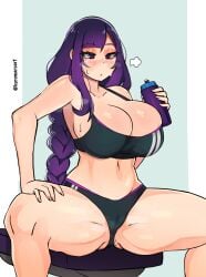 1girls big_breasts blush bra breasts cameltoe clothing eyes_half_open female female_only genshin_impact giant_breasts huge_breasts kuromaruart legs_apart long_hair matching_underwear panties purple_bra purple_eyes purple_hair purple_panties raiden_shogun sigh sitting sports_bra sportswear spread_legs thick_thighs water_bottle