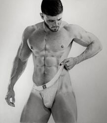 1boy abs biceps big_bulge black_and_white brad_welch_art bulge graphite_(artwork) huge_bulge instagram_model italo_fassin jockstrap male male_only muscles muscular muscular_male onlyfans_model pecs pencil_(artwork) real_person solo solo_male tanlines thick_thighs uncolored