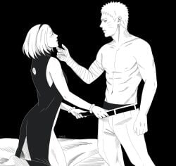 1boy 1girls bandaged_arm bandages barefoot bed before_sex boruto:_naruto_next_generations bottomless bottomless_female couple dress imminent_sex kneeling long_hair male/female monochrome narusakuart naruto naruto_(series) no_panties on_bed on_knees pants pants_down partially_clothed romantic romantic_couple sakura_haruno shirtless shirtless_(male) short_hair standing straight undressing undressing_another undressing_partner uzumaki_naruto