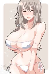 arm_under_breasts big_breasts bikini blush cleavage closed_eyes embarrassed eyepatch_bikini female female_only grey_hair huge_breasts ichijou_takakiyo long_hair milf ponytail side-tie_bikini solo swimsuit uzaki-chan_wa_asobitai! uzaki_tsuki white_bikini wide_hips