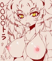 condom_in_mouth female kemono_friends large_breasts long_hair lowres monochrome necktie necktie_between_breasts niwatori_kokezou open_clothes siberian_tiger_(kemono_friends) solo tiger_girl yellow_eyes