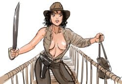 au_(artist) black_hair breast bridge brown_clothing curly_hair diana_jones erect_nipple from_behind genderswap_(mtf) hat holding_object holster indiana_jones indiana_jones_(series) melee_weapon nipple one_breast_out open_clothes open_shirt pants rule_63 shirt spread_arms standing sword threatening weapon whip