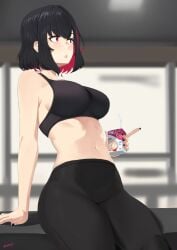 bangs black_hair black_nails black_pants black_sports_bra blush box breasts eyebrows_visible_through_hair feet_out_of_frame female girls'_frontline highres holding holding_box juice_box kion-kun large_breasts leaning_back leggings lips looking_away multicolored_hair nail_polish navel open_mouth pants red_eyes ripper_(girls'_frontline) ripper_swap_(girls'_frontline) sangvis_ferri short_hair sideboob simple_background sitting sitting_on_object solo sports_bra sportswear thick_thighs thighs twitter_username