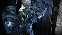 3d anal_sex armored_sex cum cum_in_ass cum_inside custom_games halo_(game) halo_(series) halo_reach hands_on_wall interracial looking_at_partner male/female onlooker pompilus_sfm_twitter(artist) public_sex spartan_(halo) weapon