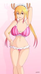 1girls big_breasts bikini blonde_hair female female_only horn lackatask miss_kobayashi's_dragon_maid monster_girl orange_eyes solo striped_bikini swimsuit tohru_(dragon_maid) twintails