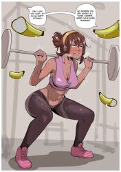 1girls ambiguous banana blush borrowed_character brown_hair dark-skinned_female dark_skin dialogue drooling english_text female female_only floozybear hi_res long_hair looking_up ponytail red_lips solo solo_female speech_bubble squatting sweat teeth_clenched tsona_(nyantcha) twitching weight_bench weightlifting workout workout_clothes