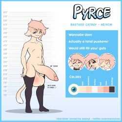 1boy anthro balls character_name character_sheet doxxyl erection feline femboy furry height_chart huge_balls huge_cock hung_trap male male_only measurements nipples nude penis pyrce pyrce_(doxxyl) small_but_hung solo standing text