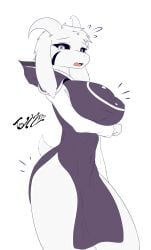 anthro asriel asriel_dreemurr asriel_dreemurr_(god_form) ass_up big_breasts blush breasts clothing female female_asriel fur furry furry_only genderswap_(mtf) goat goat_ears goat_girl goat_humanoid huge_breasts large_breasts nipple_bulge nipples_visible_through_clothing rule_63 solo sweat tail tailzkim tears thick_thighs uncomfortable undertale undertale_(series)