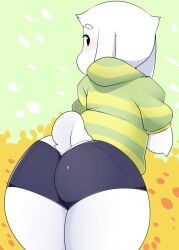 1boy aged_up asriel asriel_dreemurr ass ass_focus berseepon09 blush clothed clothing femboy flat_chest goat goat_boy goat_ears goat_horns goat_humanoid male male_only shorts tail undertale white_body white_fur white_hair