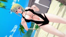 1girls 3d aqua_eyes areola_slip areolae beach big_breasts bikini blonde_hair blush breasts busty cleavage female female_only hair_bun highres large_breasts legs looking_at_viewer nancy_lee naughty_face navel ninja_slayer ocean one-piece_swimsuit swimsuit thighs tongue tongue_out water