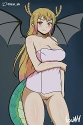 big_breasts exposed_pussy female female_focus female_only horns izai_ah miss_kobayashi's_dragon_maid monster_girl pussy tagme tail tohru_(dragon_maid) towel wings