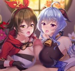 2girls ahoge amber_(genshin_impact) bangs bare_shoulders bell black_gloves blue_gloves blue_hair blurry blush bow breast_squeeze breasts brown_hair censored cleavage cleavage_cutout clothing_cutout collaborative_paizuri collaborative_titfuck depth_of_field detached_sleeves double_paizuri eyebrows_visible_through_hair flower ganyu_(genshin_impact) genshin_impact gloves goggles highres horns indoors large_breasts long_hair looking_at_another mosaic_censoring multiple_girls multiple_paizuri neck_bell nose_blush open_mouth paizuri paizuri_over_clothes penis pov purple_eyes red_flower reward_available saliva saliva_trail sidelocks tongue tongue_out tsukimi_kirara upper_body white_flower white_sleeves window