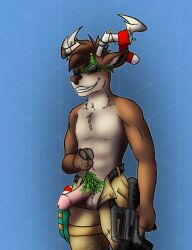 1boy anthro antlers bottomwear brown_body capreoline cervid christmas clothing dolph_(fortnite) epic_games footwear fortnite genitals gun hi_res holidays hooves horn humanoid humanoid_genitalia humanoid_penis male male_only mammal mistletoe pants penis plant ranged_weapon reindeer simple_background socks solo tezo video_games weapon