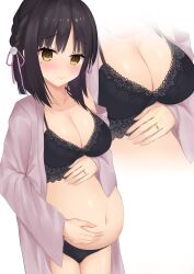 big_breasts black_bra black_hair black_panties blush bra cafe_stella_to_shinigami_no_chou cleavage female female_only hair_ribbon hands_on_belly holding_belly lace lace-trimmed_bra lingerie looking_at_viewer medium_hair mole_under_eye panties pregnant robe shiki_natsume smile solo surigoma wedding_ring wholesome yellow_eyes yuzu-soft