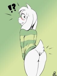 !? 1boy aged_up asriel asriel_dreemurr ass ass_focus blush byondrage clothed clothing femboy flat_chest goat goat_boy goat_ears goat_horns goat_humanoid male male_only no_panties no_pants reupload shocked shocked_expression tail undertale white_body white_fur white_hair