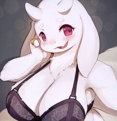 1girls big_breasts big_ears blush blush_lines blushing bovid bra breasts cleavage female furry furry_only garter_belt garter_straps goat goat_ears goat_girl goat_horns goat_humanoid head_tilt horns mother no_humans open_eyes open_mouth red_eyes ring ring_on_finger solo solo_female solo_focus top_half toriel undertale upper_body white_body white_fur white_hair whooo-ya