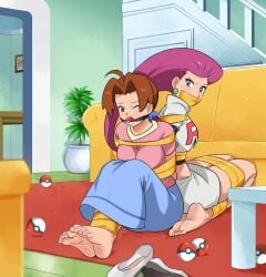 2girls ball_gag barefoot blush bondage bound bound_ankles bound_arms bound_legs clothed clothed_female delia_ketchum_(pokemon) duo feet female female_only femsub gag gagged jessie_(pokemon) lostonezero multiple_girls multiple_subs pink_toenails poke_ball poke_ball_gag pokemon restrained sweat tape_bondage tape_gag taped_ankles taped_arms taped_legs taped_mouth tied_up toenail_polish toes wince