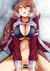 animal_ears bar_censor blue_eyes bra breasts brown_hair censored collarbone cum cum_in_pussy gym_uniform hair_between_eyes highres horse_ears horse_girl jacket large_breasts long_hair looking_at_viewer missionary navel pov pussy_juice shokan_(pixiv61462319) spread_legs super_creek_(umamusume) sweat thighs track_jacket umamusume underwear