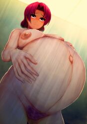 1girls bazett_fraga_mcremitz big_belly big_breasts bloated_belly blush colored_pubic_hair embarrassed embarrassed_nude_female erect_nipples fate/hollow_ataraxia fate_(series) female female_only holding_belly magenta_eyes magenta_hair navel nude nude_female outie_navel pregnant pubic_hair purple_eyes purple_hair red_eyes red_face red_hair solo uwasa75