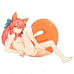 1:1_aspect_ratio animal_ear animal_ear_fluff bangs blue_hair_ornament blue_hair_ribbon blue_ribbon caster_tamamo-no-mae fate/extella fate/extra fate/extra_ccc fate/grand_order fate_(series) female female_only hair_ornament nipples pink_hair ribbon ribbons srgrafo tail tamamo_no_mae_(fate) yellow_eyes