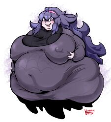 bbw big_breasts breasts fat female female hex_maniac huge_breasts lluxury nipple_bulge obese overweight pokemon purple_hair solo_female