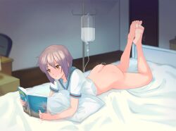 alexpantya ass bed book bottomless clenched_butt commission enema feet female highres holding holding_book kita_high_school_uniform lying nagato_yuki on_stomach pillow purple_hair reading school_uniform short_hair solo suzumiya_haruhi_no_yuuutsu yellow_eyes