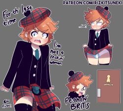 1boy angry blush bulge dialogue femboy kilt kilt_lift lifting_skirt male male_only miiyauwu original original_character panties rizkitsuneki scottish solo tagme text thick_thighs