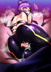 1girls after_sex ass blush cum heart heart-shaped_pupils k/da_kai'sa k/da_series kai'sa kimsinro league_of_legends leaking_cum looking_at_viewer looking_back on_bed partially_clothed purple_eyes purple_hair sweat torn_clothes