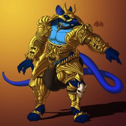 absurd_res anthro armor black_eyes black_sclera blue_body blue_fur blue_nails blue_tail bone brown_background brown_clothing bulge clothed clothing clothing_bulge colored_nails digital_drawing_(artwork) digital_media_(artwork) fur gesture gold_(metal) gold_armor gradient_background headgear helmet hi_res horn jewelry long_tail male mammal murid murine nails necklace paws pointing rashchaos rat rodent shadow sharp_nails sharp_spikes sharp_teeth signature simple_background skull solo spikes standing teeth yellow_armor yellow_background