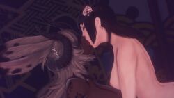 abs big_dom_small_sub big_penis blindfold blonde_hair dark-skinned_futanari dark_hair demon demon_horns facepaint final_fantasy final_fantasy_xiv futanari gpose(ffxiv) helya_lesrekta kissing large_breasts light-skinned_female looking_at_partner looking_pleasured midlander muscular_futanari nude_female nude_futanari perky_breasts pubic_hair rabbit_feet rabbit_tail tail tattoo tongue_kiss tongue_out viera