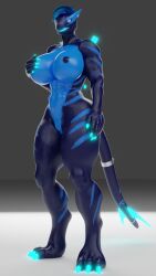 3d 3d_(artwork) anthro big_breasts bioluminescence blender_(software) blue_body blue_hair blue_skin blue_stripes breasts claws curvy_figure digital_media_(artwork) ear_piercing fan_character female genitals glowing glowing_claws glowing_eyes glowing_nails glowing_spikes glowing_tongue hair hi_res legendary_pokémon lugia muscular muscular_female niko_stargazer nikostargazer nintendo nipples nude open_mouth piercing pokémorph pokemon pokemon_(species) pussy simple_background solo spikes stripes thick_thighs tongue video_games wide_hips