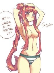 2021 breasts doki_doki_literature_club female female_only green_eyes hair_covering_breasts horneebogor7709 long_hair long_hair_female monika_(doki_doki_literature_club) nipples_covered panties panties_only senukin_(artist) shimapan