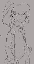 anatid anseriform anthro avian bird clothing disney drockdraw duck ducktales female flashing flat_chested genitals hi_res jacket jacket_only monochrome nipples nude pussy solo topwear webby_vanderquack young