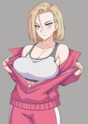 1girls alternate_version_available android_18 blonde blonde_female blonde_hair blonde_hair_female blue_eyes cameltoe cleavage curvy dragon_ball erect_nipples female huge_areolae huge_ass huge_breasts jacket mikoyan open_clothes open_jacket puffy_nipples short_hair sports_bra thick_lips track_jacket track_pants track_suit voluptuous wide_hips yellow_hair