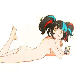 1:1_aspect_ratio ass black_hair blue_hair cellphone eyebrows_visible_through_hair fate/grand_order fate_(series) female female_only holding holding_object holding_phone holding_smartphone multicolored_hair nipple nipples phone sei_shonagon_(fate) sei_shounagon_(fate) small_nipple small_nipples smartphone srgrafo tied_hair tongue tongue_out twintails yellow_eyes