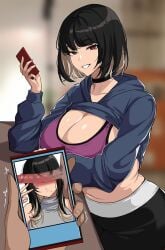 1boy 1girls 2022 black_hair breasts brown_eyes censored cleavage drogod_(artist) female holding_object hoodie huge_breasts indoors juxtaposition large_penis looking_at_viewer male male_pov naughty_face original original_character penis penis_awe penis_in_front_of_face phone pov ruined_reputation short_hair sports_bra sportswear tight_clothing tight_fit top_lift workout_clothes yoga_pants