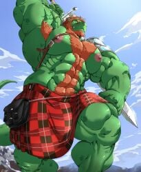 bara big_pecs bulge dragon gay hairy horns kilt male male_only muscles muscular scalie solo solo_male tail wingless_dragon zoroj