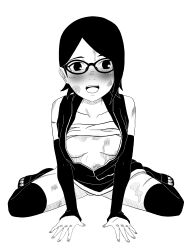 big_breasts black_hair blush boruto:_naruto_next_generations bottomless breasts female female_only glasses long_hair looking_at_viewer maaji_merge naruto naruto_(series) no_bra no_panties on_knees open_clothes partially_clothed petite sarada_uchiha shirt sleeveless sleeveless_shirt smaller_female solo solo_focus spread_legs tubetop underboob unzipped